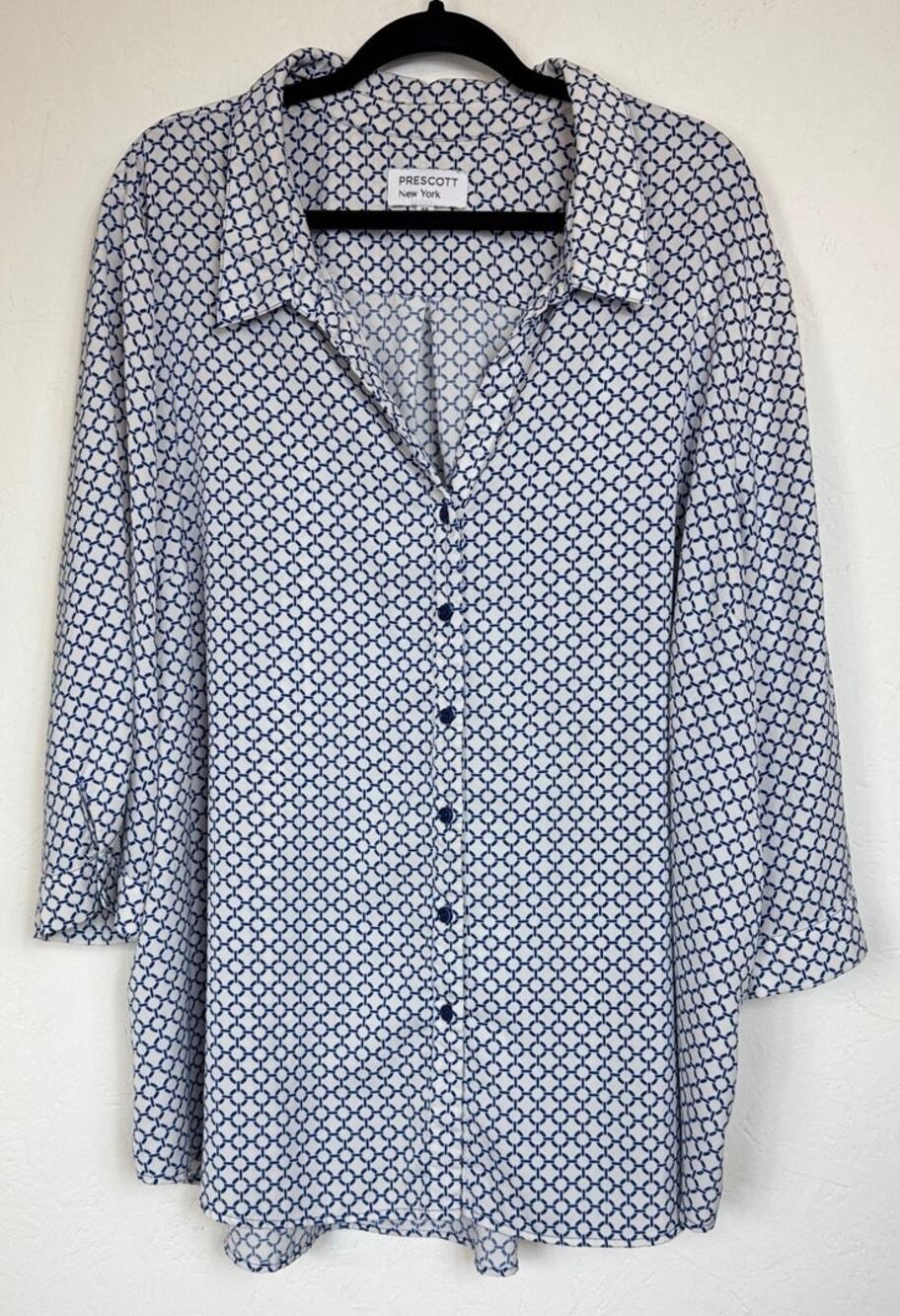 Prescott New York White & Blue 3/4 Sleeve Button Up Blouse Women's 5X